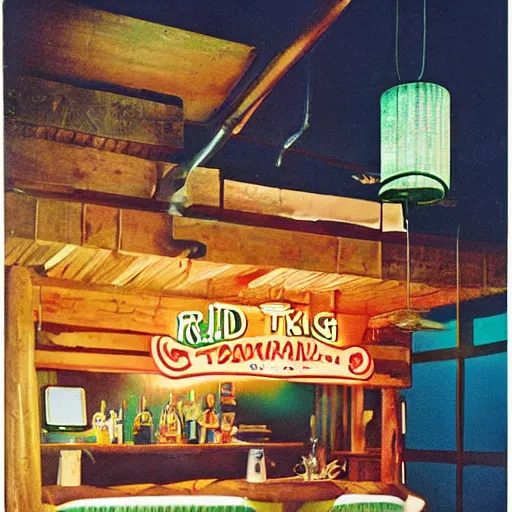 Image similar to mid century magazine advertisement for a midwest tiki bar in indianapolis. ambient lighting, highly detailed. 3 5 mm.