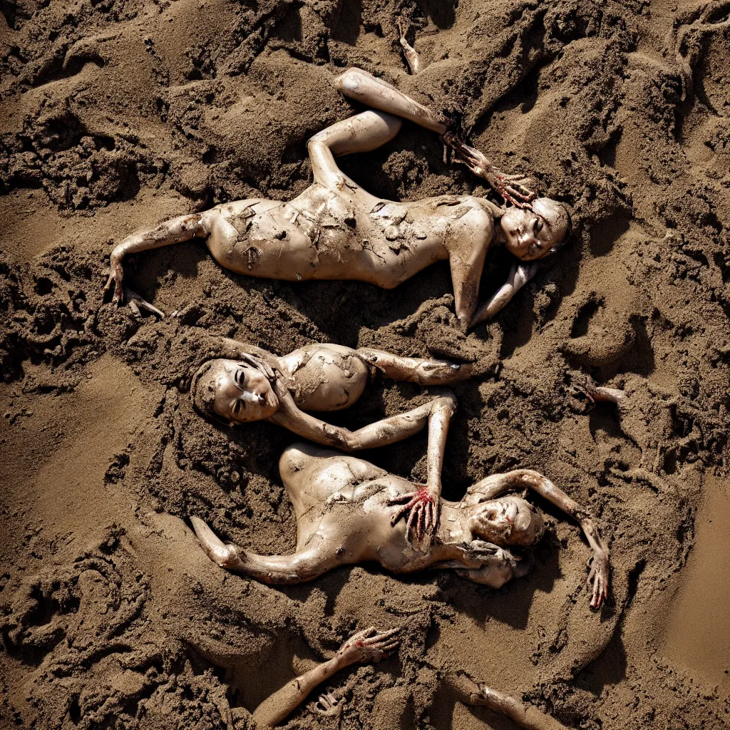 Image similar to overhead view a woman's corpse and a baby buried under sand, mud and rusty pipes, faded, depth of field,, ultra realistic, very detailed, by nadav kander, 8 k hyper realistic detailed cinematic still