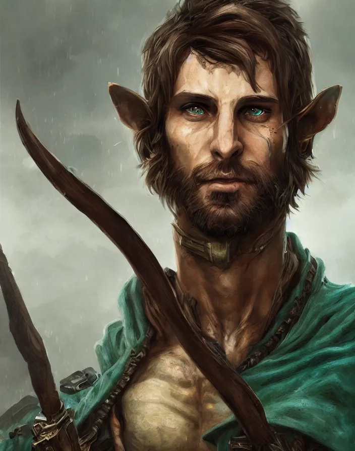 Image similar to An epic fantastic realism comic book style portrait painting of an arrogant half elf ranger with shaggy brown hair, scruffy beard, scar on face, teal tunic, D&D Concept Art, unreal 5, DAZ, trending on deviantart hyperrealistic, octane render, cosplay, RPG portrait, dynamic lighting
