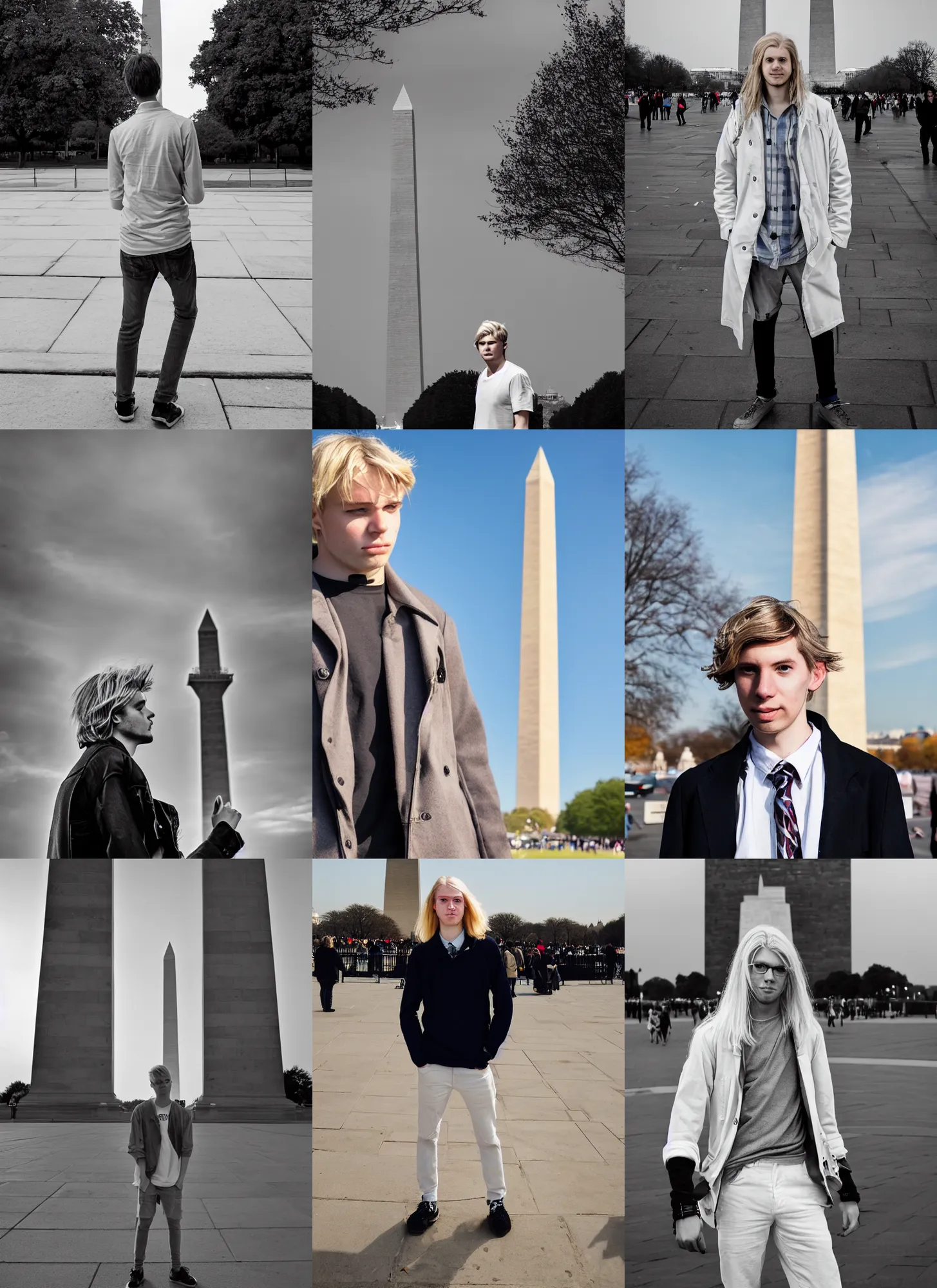 Prompt: a pale young man with long light blond hair in front of the washington monument, high quality, street photography, award winning