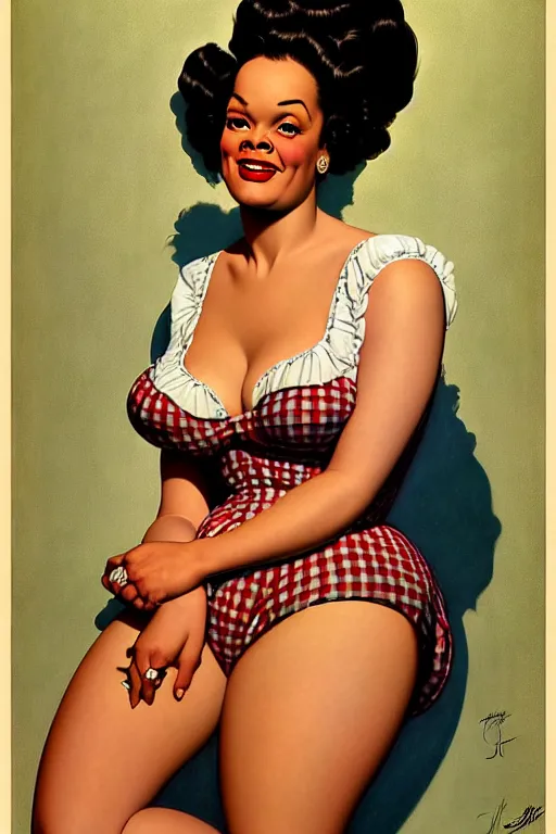 Image similar to jill scott portrait by gil elvgren and norman rockwell and rob gonsalves and hajime sorayama, hyperrealistic, high detail, ultra detailed, highly detailed face, ruffled fabric