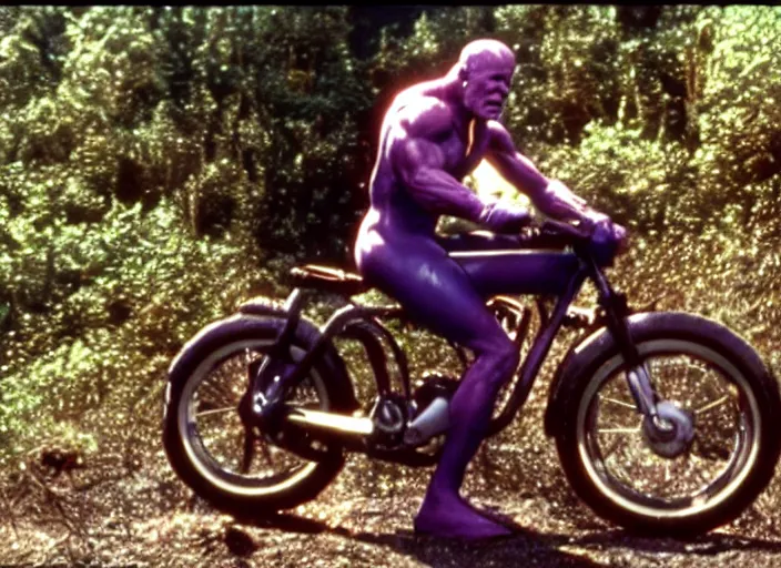 Prompt: film still of thanos as brand riding a!!! small!!! childrens bike down a steep mountain road in the goonies 1 9 8 5