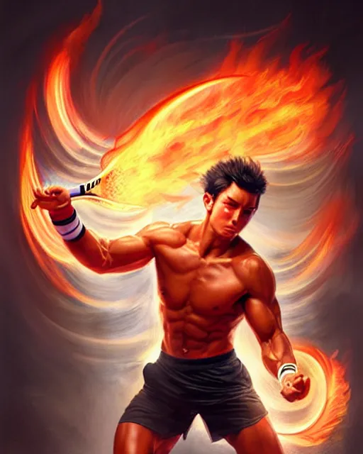 Prompt: Muscular male tennis player hitting a powerful ball of fire, art deco, fantasy, intricate fire designs, elegant, highly detailed, sharp focus, art by Artgerm and Greg Rutkowski and WLOP