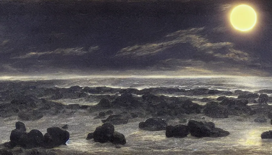 Image similar to solar eclipse in iceland, black sand, water, one tree, caspar david friedrich, dramatic, art station