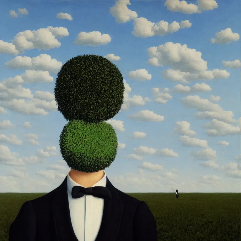 Image similar to portrait of a faceless masked - head man in a suit and black gloves, clouds and nature landscape in the background, by rene magritte, detailed painting, distance, centered, hd, hq, high resolution, high detail, 4 k, 8 k