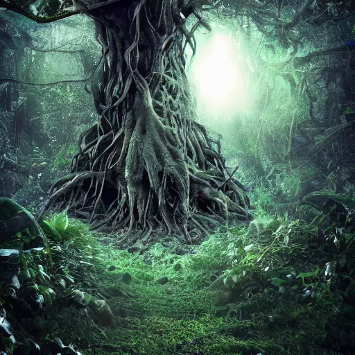 Prompt: ravenous, ominous portal to hades embedded in a creepy tree in a densely overgrown, magical jungle, fantasy, dreamlike sunraise, ultra realistic, atmospheric, stopped in time, dreamlike light incidence