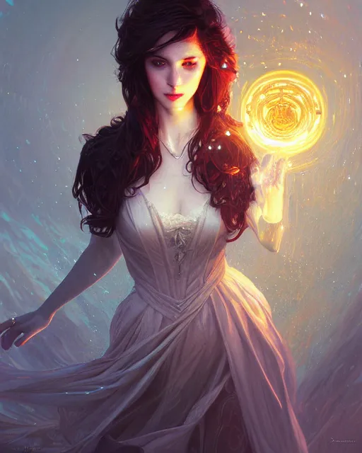 Image similar to good witch, slender, beautiful eyes, illustration, cinematic lighting, 8 k, d & d, frostbite 3 engine, of, artstation, intricate, digital art, twilight ray, art by tsuyoshi nagano, greg rutkowski, artgerm, alphonse mucha, shining light, detailed and complex environment, digital art, trends art stations