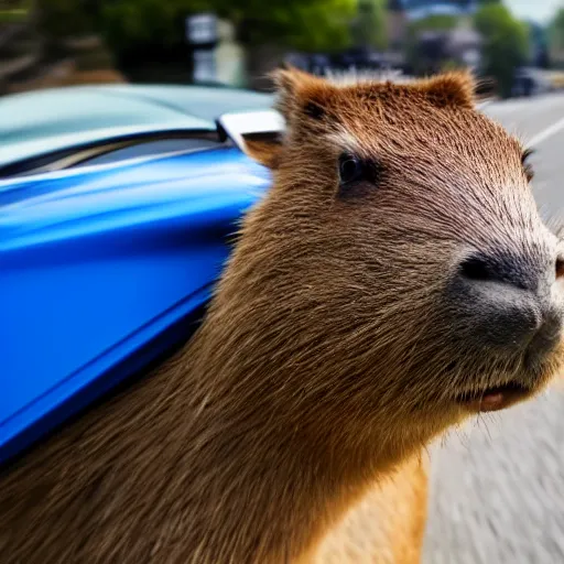 Image similar to A highly detailed photograph of a capybara driving a blue convertible sports car at high speeds