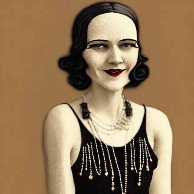 Image similar to a portrait photo of a 1 9 2 0 s woman with a slight smile in a flapper dress, atmospheric lighting, painted, sepia, intricate, ultra detailed by leesha hannigan, thierry doizon, kai carpenter, well composed, best on artstation, cgsociety, epic, stunning, gorgeous, intricate detail, wow, masterpiece