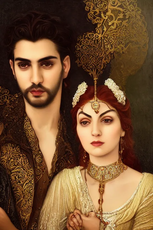 Image similar to a portrait of handsome young male indo-persian Satan and his elegant beautiful indo-persian wife, bored, illustration, dramatic lighting, soft details, painting oil on canvas, art nouveau, octane render, HDR, 4k, 8k, HD, by Edmund Blair Leighton, Brom, Charlie Bowater, trending on artstation, faces by Tom Bagshaw, Sargent