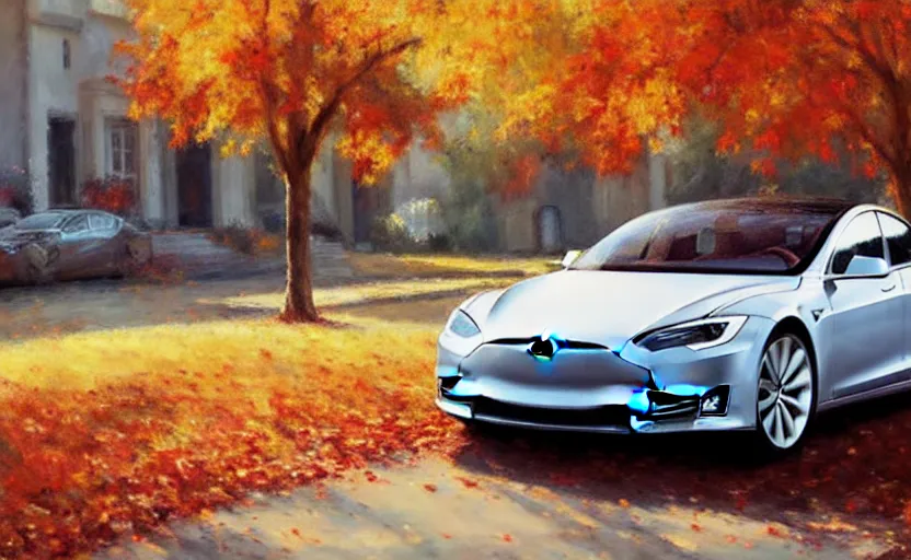 Image similar to new tesla model s on an autumn street by vladimir volegov