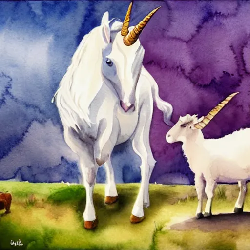 Prompt: watercolour painting of a unicorn and a goat