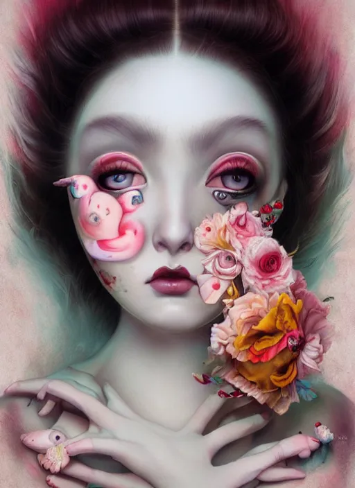 Image similar to pop surrealism, lowbrow art, realistic cute seductive girl painting, japanese street fashion, hyper realism, muted colours, rococo, natalie shau, loreta lux, tom bagshaw, trevor brown style,