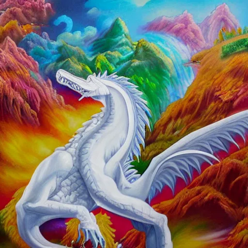 Image similar to highly detailed oil painting of a white dragon sitting in a colorful hotspring