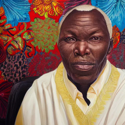 Image similar to a painting of a XXL Loving, caring, generous, ever-present, humble, wise elder from Kenya in a suit by Kehinde Wiley . Fatherly/daddy, focused, loving, leader, relaxed,. ethereal lights, details, smooth, sharp focus, illustration, realistic, cinematic, artstation, award winning, rgb , unreal engine, octane render, cinematic light, macro, depth of field, blur, red light and clouds from the back, highly detailed epic cinematic concept art CG render made in Maya, Blender and Photoshop, octane render, excellent composition, dynamic dramatic cinematic lighting, aesthetic, very inspirational, arthouse.