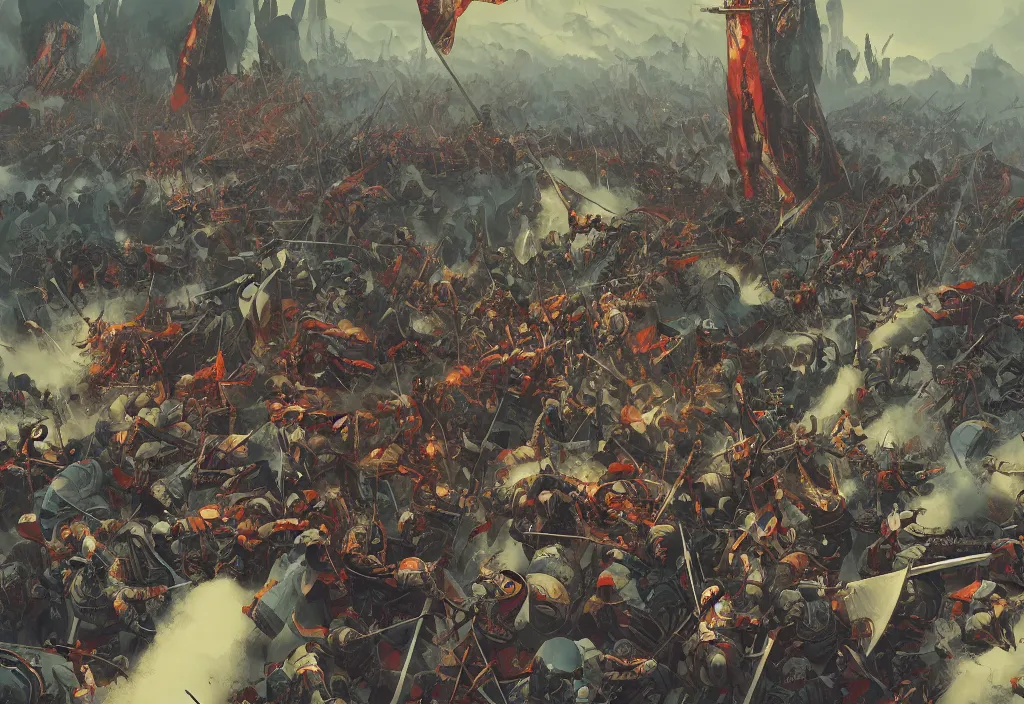 Prompt: handmade illustration of a big medieval battle, line art, ink, heavy brushstrokes, watercolor by Kilian Eng and by Jake Parker, winning-award masterpiece, fantastic, octane render, 8K HD Resolution, High quality image