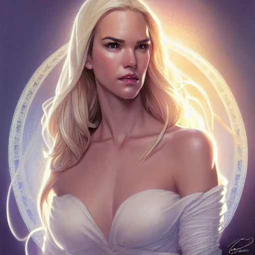 Image similar to Odette Annable with blonde hair as Emma Frost, western, D&D, fantasy, intricate, elegant, highly detailed, digital painting, artstation, concept art, matte, sharp focus, illustration, art by Artgerm and Greg Rutkowski and Alphonse Mucha