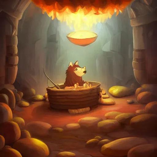 Prompt: a cartoonish cute big wolf is being cooked alive in a steaming hot giant cauldron inside a comfy home, warm lighting, magical atmosphere, trending on artstation, 30mm, by Noah Bradley trending on ArtStation, deviantart, high detail, stylized portrait