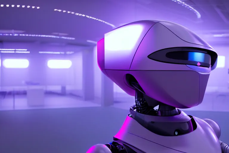 Prompt: hyperrealistic medium shot robot! in data center server highly detailed concept art eric zener elson peter cinematic hard purple lighting high angle hd 8 k sharp shallow depth of field, inspired by denis villeneuve and stanley kubrick