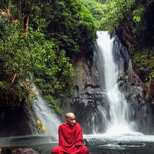 Prompt: a simply breathtaking shot of mediating monk at pongour falls in dalat, 7 layers waterfall, photographer dang ngo