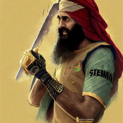 Image similar to Ter Stegen as Osama Bin Laden, Barcelona and Germany goalkeeper, D&D, fantasy, intricate, elegant, highly detailed, digital painting, artstation, concept art, matte, sharp focus, illustration, art by Artgerm and Greg Rutkowski and Alphonse Mucha