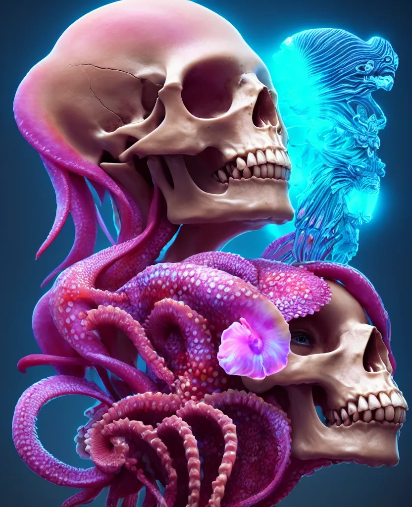 Image similar to goddess close - up portrait human skull, ram skull, squid phoenix jellyfish, orchid, betta fish, bioluminiscent, intricate artwork by tooth wu and wlop and beeple. octane render, trending on artstation, greg rutkowski very coherent symmetrical artwork. cinematic, hyper realism, high detail, octane render, 8 k