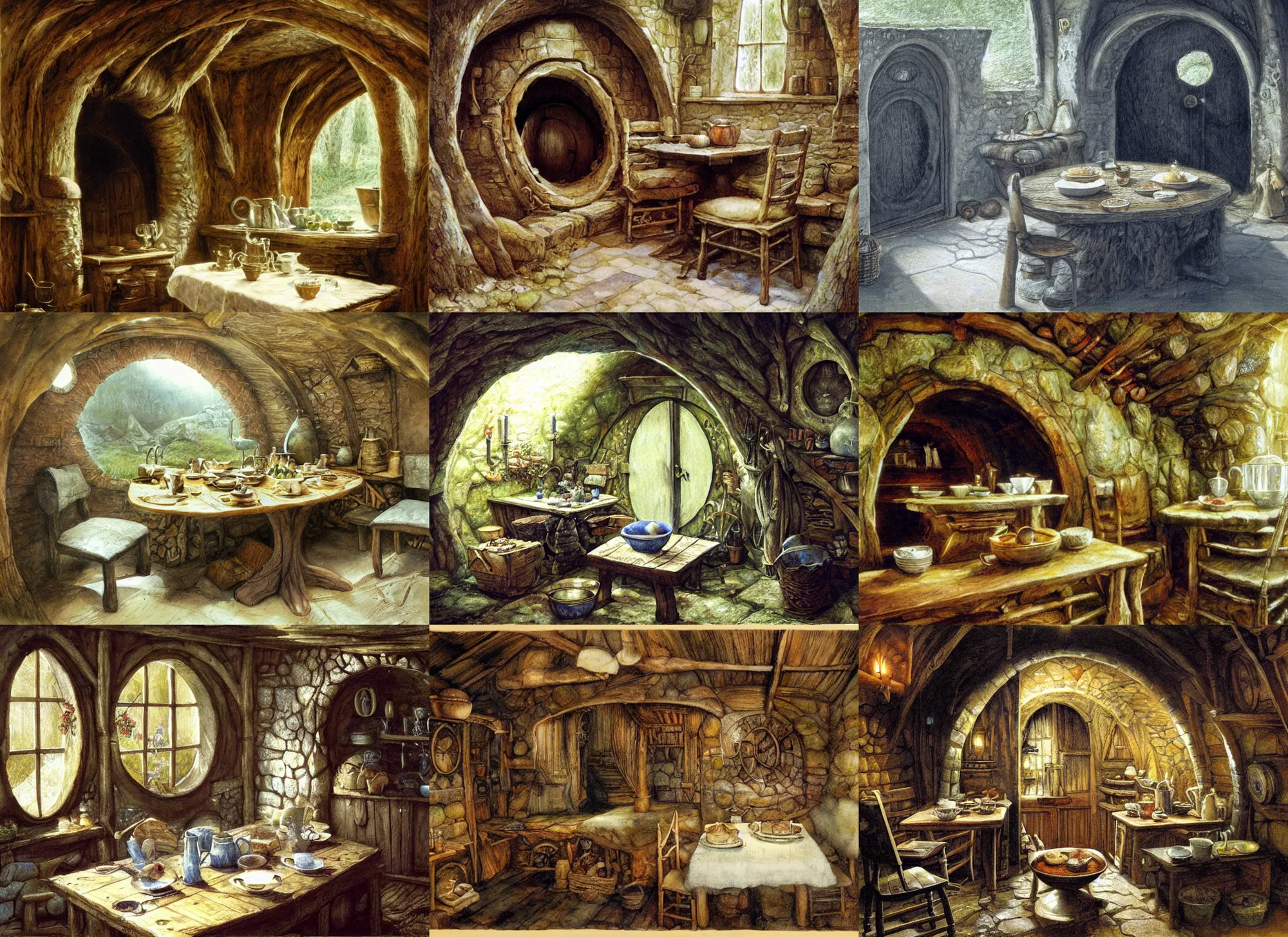 Prompt: interior of a hobbit hole, table set for second breakfast by alan lee, art station, finely detailed furniture, oil painting