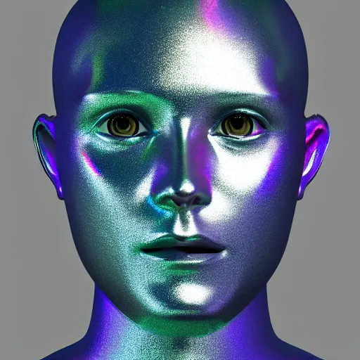 Image similar to 3d render of holographic human robotic head made of glossy iridescent, surrealistic 3d illustration of a human face non-binary, non binary model, 3d model human, cryengine, made of holographic texture, holographic material, holographic rainbow, concept of cyborg and artificial intelligence