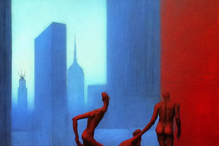 Image similar to only with blue, a man in love during birth, a red great dane, in hoc signo vinces, nyc in background, an ancient path, in the style of beksinski, part by hopper, part by rodcenko, part by hofbauer, intricate composition, blue by caravaggio, insanely quality, highly detailed, masterpiece, red light, artstation