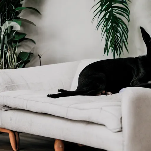 Image similar to a small black dog with a white face, lying down on a sofa, house plants and wood furniture in the background, indoors, dim light, photograph, 4 k, shot on iphone