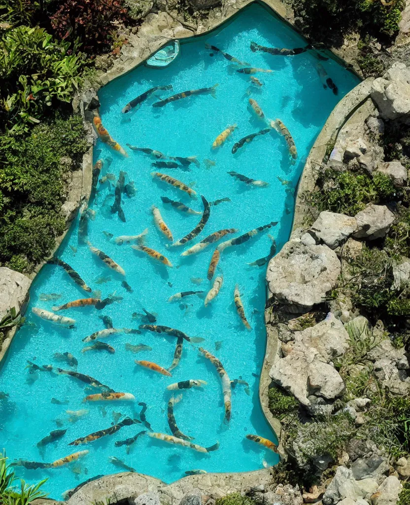 Image similar to endless travertine pools filled with koi fish and sea turtles, birds eye view, bright blue glowing water, magical