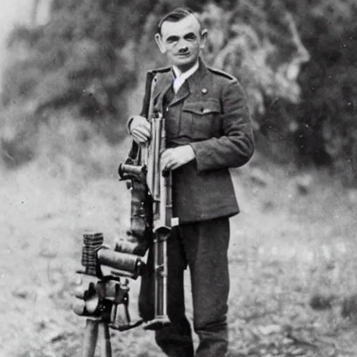 Prompt: old wartime photograph of mr bean holding a lewis gun, 1 9 1 7