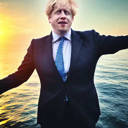 Image similar to Boris Johnson wearing suit and necktie dancing on water, detailed facial features, evokes feelings of joy, beautiful flowing fabric, sunset, dramatic angle, realistic and detailed, by studio trigger, pixiv dslr photo by Makoto Shinkai rossdraws and Wojtek Fus