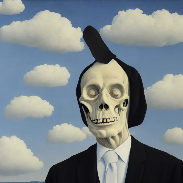 Prompt: portrait of a faceless grim reaper in a suit, clouds in the background, by rene magritte, detailed painting, distance, middle centered, hd, hq, high resolution, high detail, 4 k, 8 k