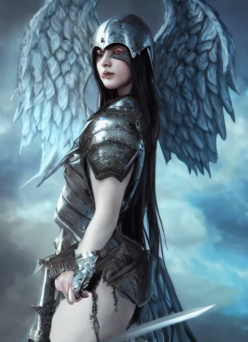 Image similar to An epic fantasy comic book style portrait painting of a pale girl with long black hair, she is wearing a knight armor, white angel wings, holding a sword, Unreal 5, DAZ, hyperrealistic, octane render, cosplay, RPG portrait, dynamic lighting