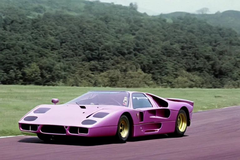 Image similar to vintage archival race footage of a single, purple, 1965 Ferrari F40, with elements of the De Tomaso Pantera, Lotus, GT40, BMW M1, and Countach, movie still, speed, cinematic Panavision 5384 film