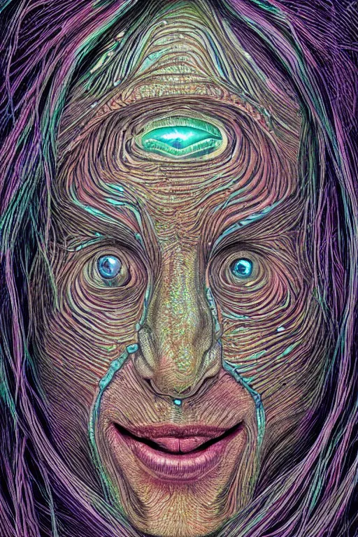 Prompt: dark underwater portrait of one Bioluminescent old woman, with cracked reaction diffusion semi-transparent skin. multicolored fish scales, face closeup. long intricate dark hair. good face proportions. with many jellyfishes. very high detail, illustration, by alex grey and Ilya Kuvshinov