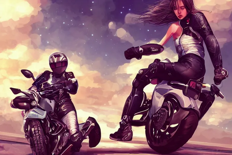 Image similar to a girl is riding a motorbike, the space background, digital painting by artgerm hyperdetailed trending on artstation trending on deviantart