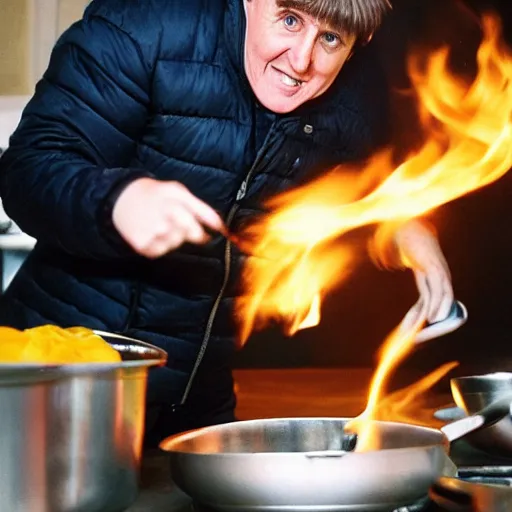 Image similar to photograph of peter beardsley in a puffa jacket cooking eggs