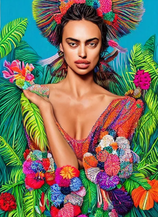 Image similar to beautiful portrait of Irina Shayk wearing fantastic Hand-dyed cotton dress, embellished beaded feather decorative fringe knots ,colorful pigtail,subtropical flowers and plants,symmetrical face,intricate,elegant, highly detailed, 8k,post-processing,digital painting, trending on pinterest, arper's bazaar,concept art, sharp focus, illustration, by artgerm,Tom Bagshaw,Lawrence Alma-Tadema,greg rutkowski,alphonse Mucha