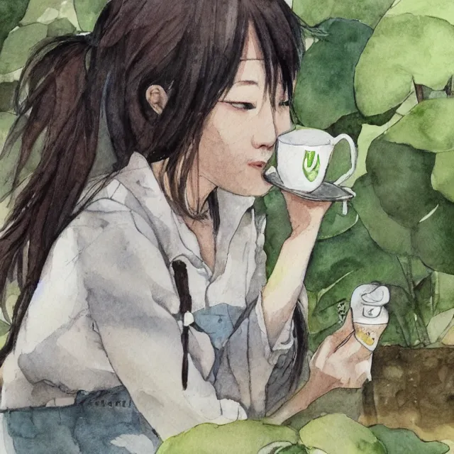 Image similar to hanako tanaka drinking coffee in the botanical garden. watercolor by the award - winning concept artist