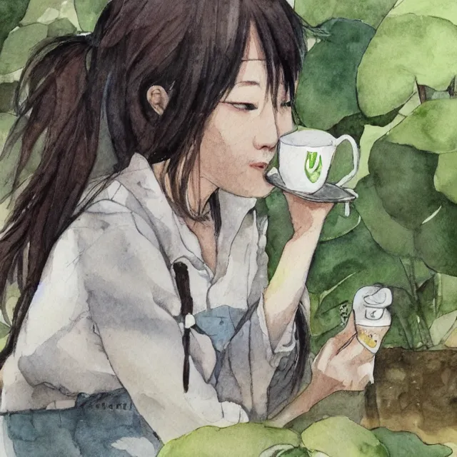 Prompt: hanako tanaka drinking coffee in the botanical garden. watercolor by the award - winning concept artist