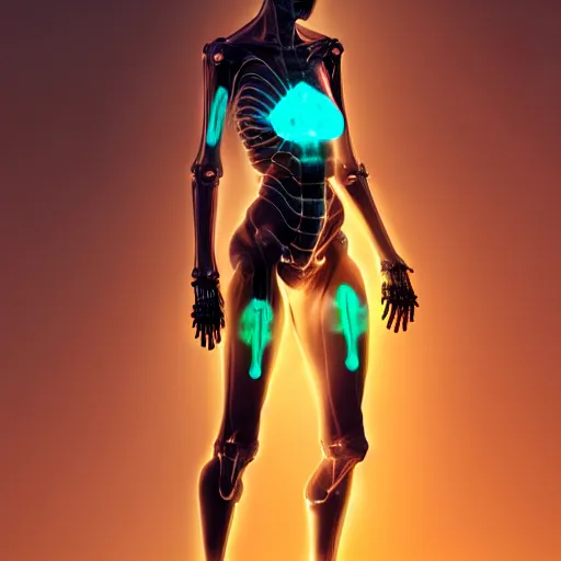 Image similar to female cyborg posing sensual figure x - ray, skeletal, glowing veins under translucent skin, highly detailed skin, bioluminescent, plasma, greg rutkowski, 8 k trending on artstation