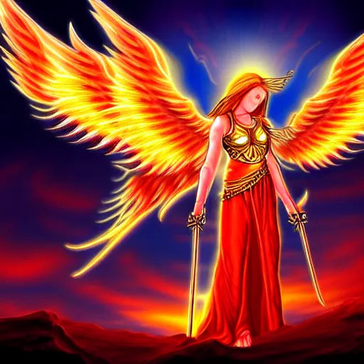 Image similar to flying fiery angelic six-winged warrior, fantasy art