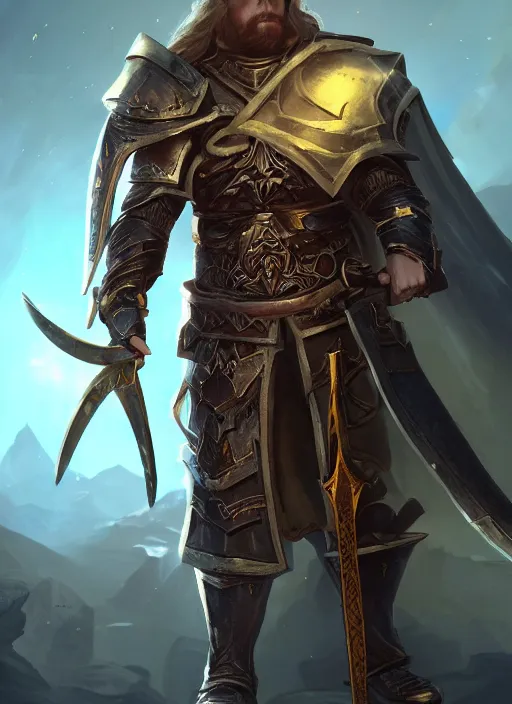 Image similar to fantasy holy paladin wielding a warhammer, dnd character portrait, full body, dnd, rpg, lotr game design fanart by concept art, behance hd, artstation, deviantart, global illumination radiating a glowing aura global illumination ray tracing hdr render in unreal engine 5