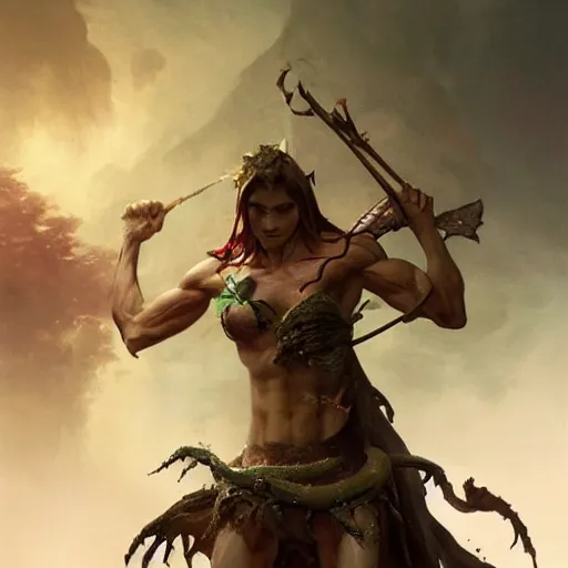 Image similar to scary godlike fairy killing a frog , muscular , upper body , epic , traditional makeup , gorgeous features , Post-processing , low angle , Greg rutkowski legendary matte painting , masterpiece