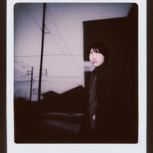 Image similar to polaroid of a young japanese woman on a snowy night, street lights