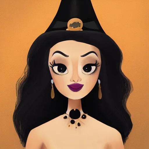 Image similar to portrait of a beautiful female witch in black and golden dress , digital painting , digital art , pixar style , Disney , instagram , trending on artstation