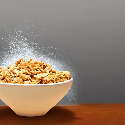 Prompt: a shoe splashes into a bowl of cereal, cinematic lighting