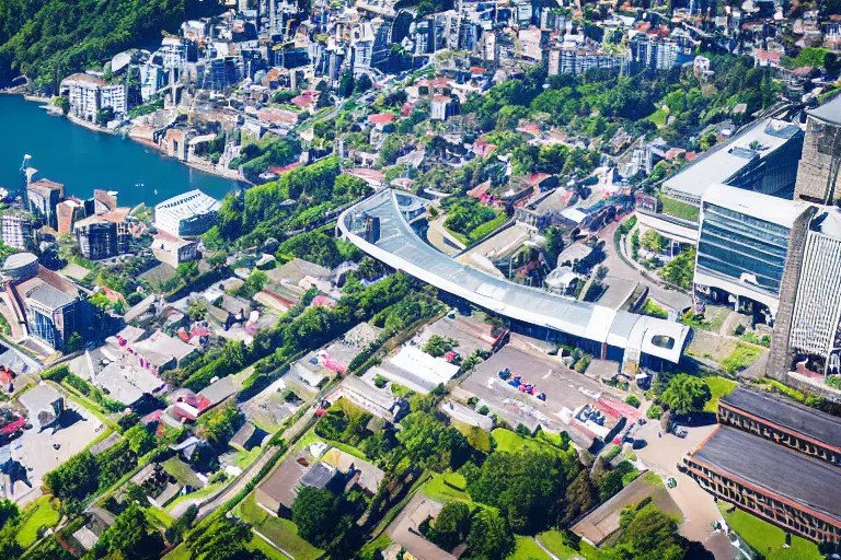 Image similar to bird's eye view photography of a small city. town hall, central farm, monorail station, beach and shipping dock. hills, woods and lake to the north.